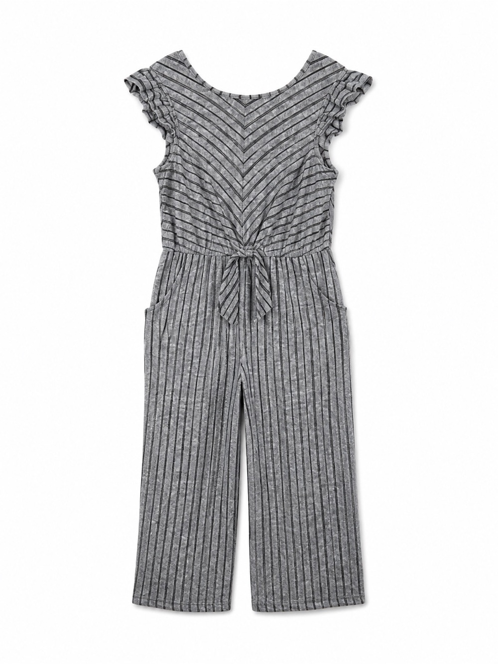 Lilt Girls 18.5 Gray Black Striped Tie Waist Ruffle Sleeve Jumpsuit Romper